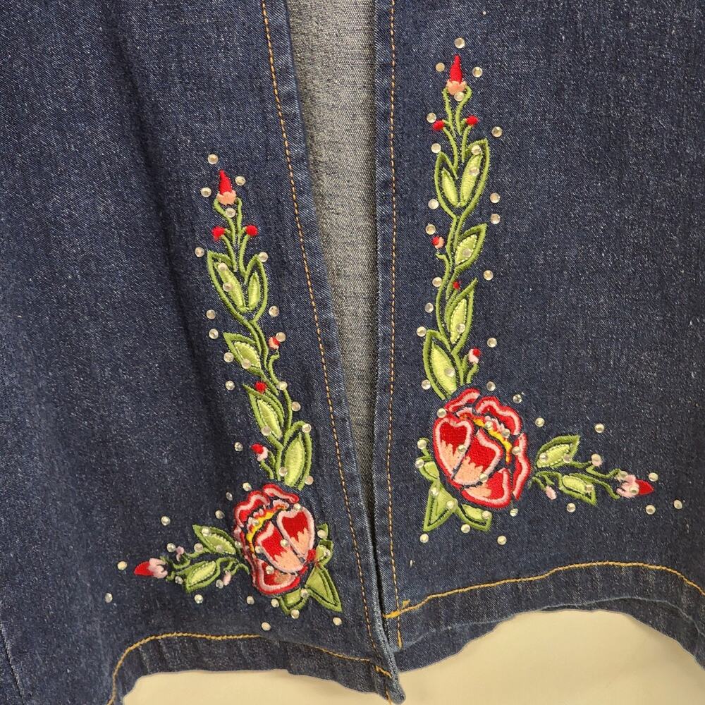 Suzanne Somers Collection Blue Jean Jacket Size 1X Embroidered Floral Rhinestone - Picture 2 of 12